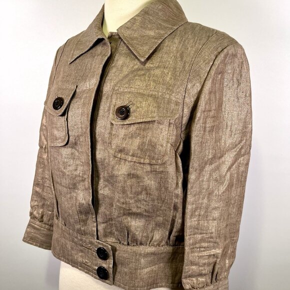 Per Se Women’s Cropped Linen Metallic Jacket Tan Shimmer Blazer Size 6 Safari - Picture 3 of 8